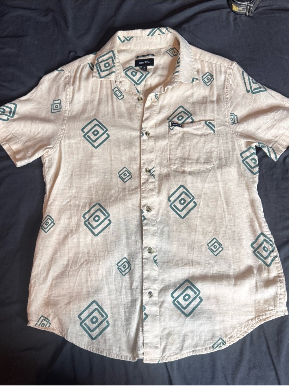 Brixton Cream Short-Sleeve Button-Up with Teal Geometric Print , Men’s Small